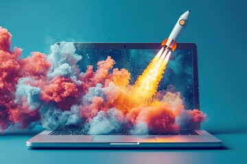 An open laptop with vibrant graphics of a rocket launch emerging from the screen on a blue background.