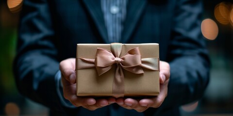 Man in a suit holding a gift box with a ribbon.