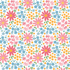 Seamless pattern of tiny stylized doodle flowers on white background. Vector hand drawn illustration