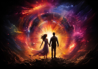 silhouette of a couple in front of a colorfull energy portal
