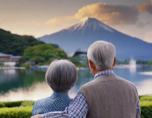 景色を眺めるシニア夫婦の後ろ姿