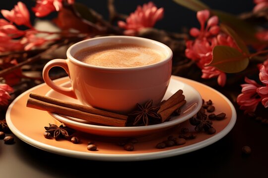 Coffee Cup with Cinnamon Sprinkle, on an isolated Cinnamon Spice background, Generative AI