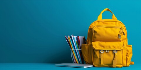 Bright yellow school backpack with school supplies and a laptop on a blue background.