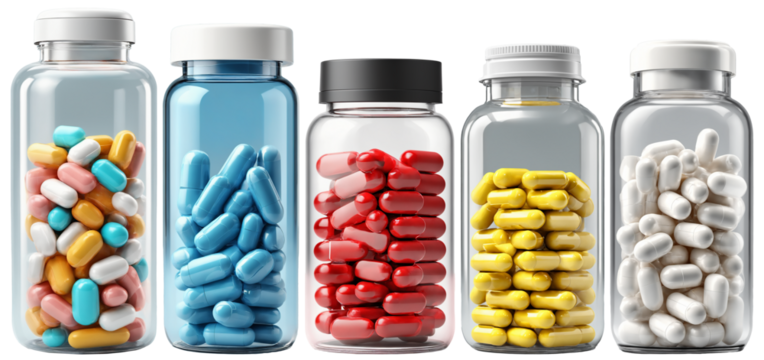 色々な色の錠剤が入った瓶のセット.generative AI