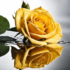 Yellow rose with reflection on white background.