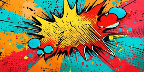 Colorful pop art explosion with comic book style speech bubbles and onomatopoeic words.