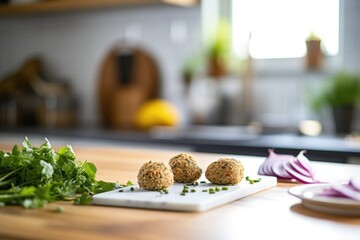 homemade falafel on a kitchen countertop with herbs