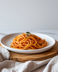 Spaghetti on a white plate placed on a wooden cutting board with a wall in the background