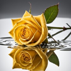 Yellow rose with reflection on white background.