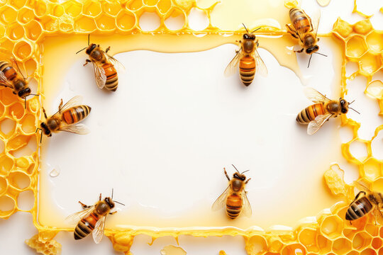 honey comb with liquid honey and bees, with white central background