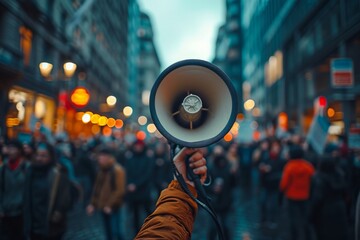 A person holding a megaphone at a protest with a crowd in the background. - obrazy, fototapety, plakaty