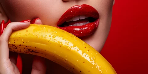 Fototapeten Close up of red lips with red nail polish holding a banana on a red background. © ParinApril