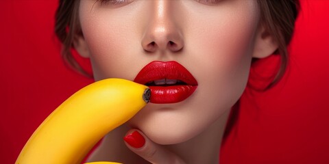 Close up of red lips with red nail polish holding a banana on a red background. - obrazy, fototapety, plakaty