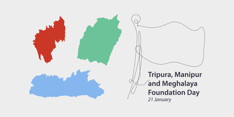 Tripura, Manipur, and Meghalaya Foundation Day. Tripura, Manipur, and Meghalaya celebrate their Statehood Day on 21 January. Vector, illustration.