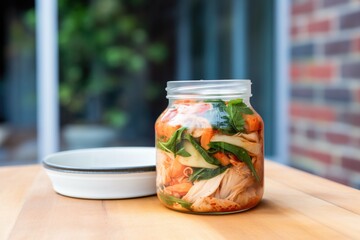 close-up of kimchi in a clear glass jar on a wooden table