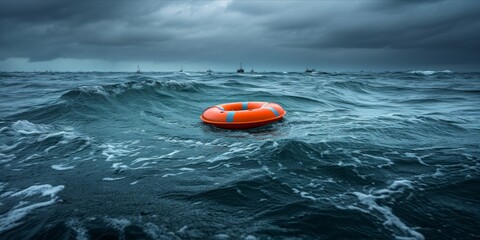 Lifebuoy floating in open sea with waves, lifeboats in the distance under an overcast sky.