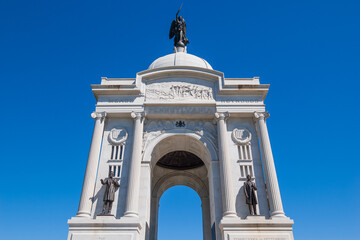 Obraz premium Monument at Gettysburg National Military Park, American Civil War Battlefield, in Gettysburg, Pennsylvania