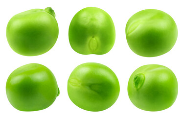Peas isolated set. Collection of green peas from different angles on a transparent background.