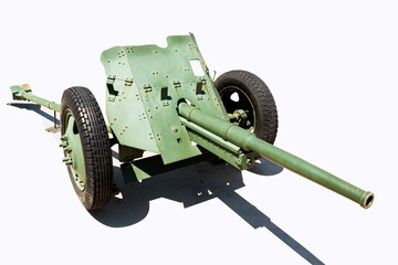 A cannon of the Soviet Army from the time of World War 2 on a white background.