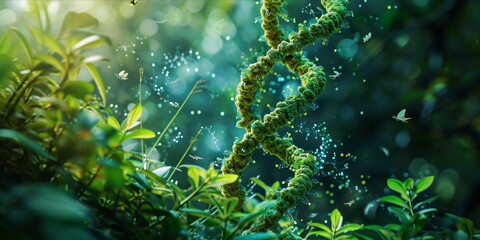 Fototapeta premium DNA double helix structure intertwined with various green plants and flying insects.