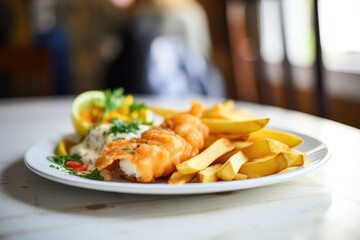 close-up of classic fish and chips on a white plate