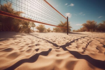Volleyball net sand court. Leisure outdoor summer active sport territory. Generate ai