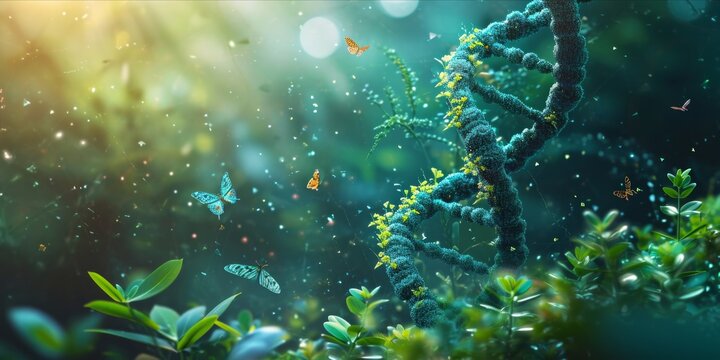 DNA double helix structure intertwined with various green plants and flying insects.