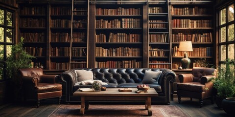 Book-filled library with cozy seating. - obrazy, fototapety, plakaty