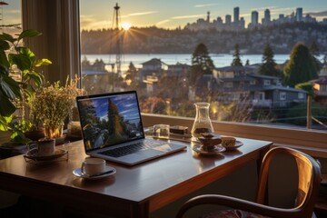 Fototapeta premium Home office setup with a view of the city skyline, where remote work meets the urban environment, Generative AI
