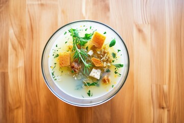 overhead shot of soup with croutons and herbs on top