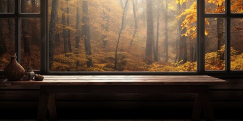 Table and window in a wooden space amidst an autumnal forest.