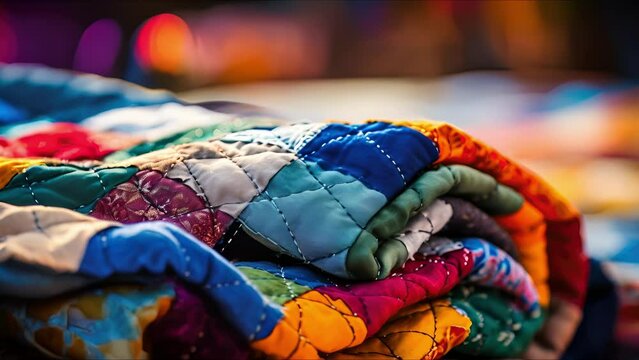 Closeup of a colorful patchwork quilt made from recycled fabric ss.