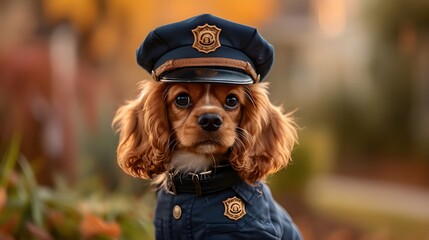 Cute puppy dog wearing a police officer uniform. Creative animal pet character in costume, funny fantasy creature 3d digital artwork realistic picture concept. Halloween festive season greeting card.
