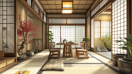 Traditional Japanese style living room mixed with modern design. Ai Generative