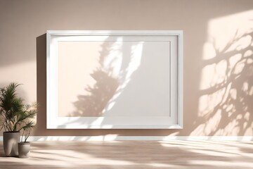 A harmonious dance of shadows and light gracing a minimalistic mockup, showcasing a beautiful design within a white frame against a calming solid color wall.