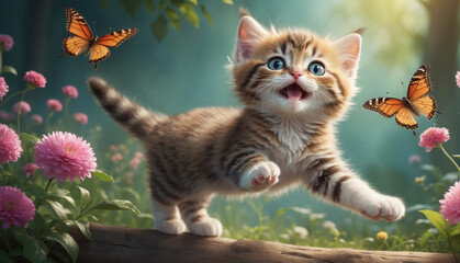Playful kitten catching butterflies on the field. AI generated - obrazy, fototapety, plakaty