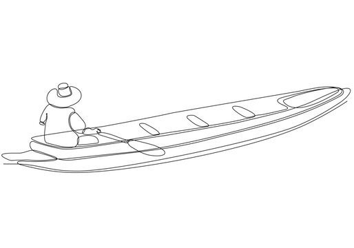 single line drawing man standing in boat, sailing with wooden boat planks