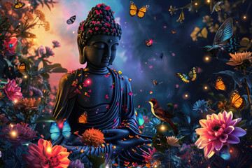 a big glowing golden buddha statue with glowing nature green background, multicolor flowers, birds, butterflies