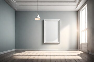 An artistic portrayal of emptiness and beauty, an empty room with a blank white frame on a clear solid color wall, illuminated by the graceful pendant light.