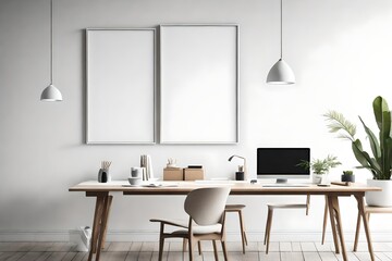 A sophisticated and stylish workspace, capturing the essence of simplicity, with a blank white empty frame mockup on the wall.