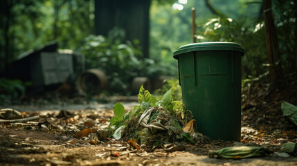 A green waste bin filled with organic waste sits on a forest floor, promoting environmental cleanliness.