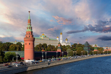 View of the Moscow Kremlin from the Bolshoy Kamenny Bridge. At sunset.