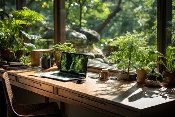 Home office with natural light and greenery, creating an inspiring and sustainable workspace for hybrid work, Generative AI - obrazy, fototapety, plakaty