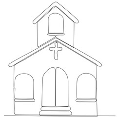 Church in continuous line art drawing style. Abstract church building with bell tower. Minimalistic black linear sketch isolated on white background. Vector illustration