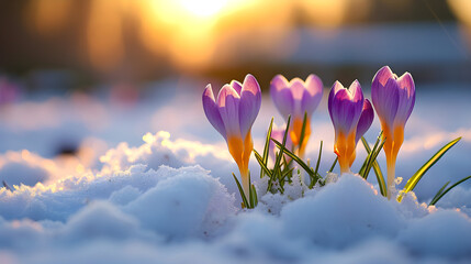Bright cute lilac spring crocuses in the snow and sun rays