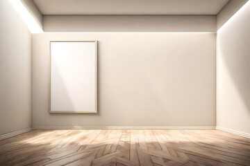 Fototapeta na wymiar An artistic portrayal of emptiness and beauty, an empty room with a blank white frame on a clear solid color wall, illuminated by the graceful pendant light.