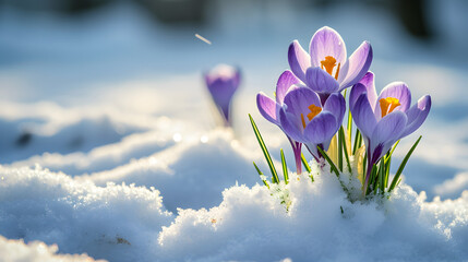 Bright cute lilac spring crocuses in the snow and sun 