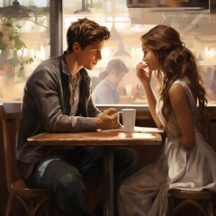 Male and female friends cafe image Generative AI