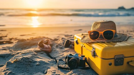 baggage travel. yellow suitcase with travel accessories such as sunglasses, hat and camera on sea beach background.