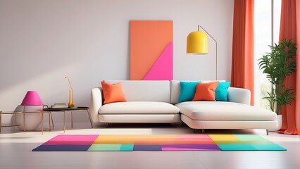 Elegant Modern Living Room Interior with Vibrant Colors, Stylish Furniture, and Contemporary Design Elements